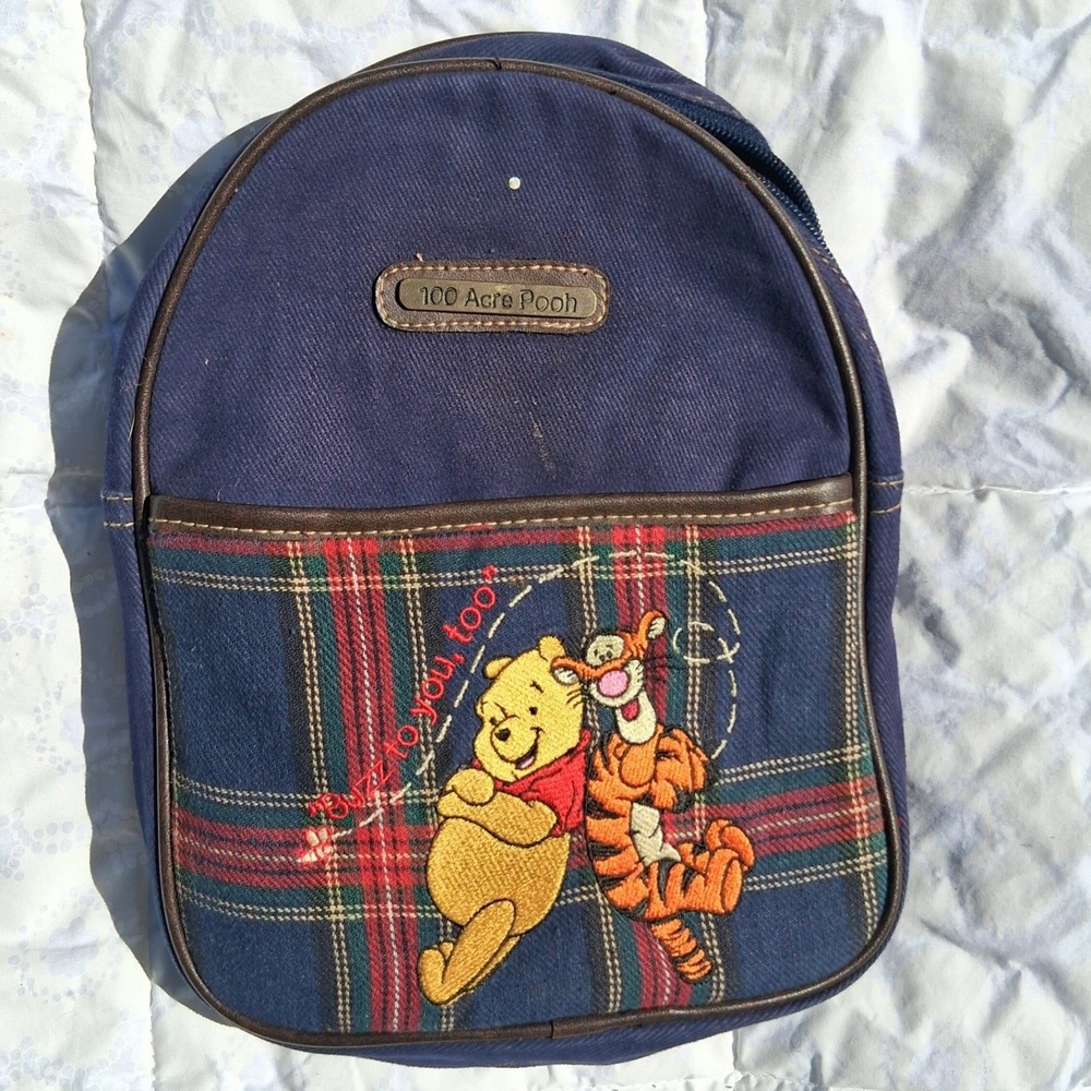 Vtg Disney 100 Acre Pooh Mini Backpack Blue Denim Plaid Tigger Winnie RARE HTF